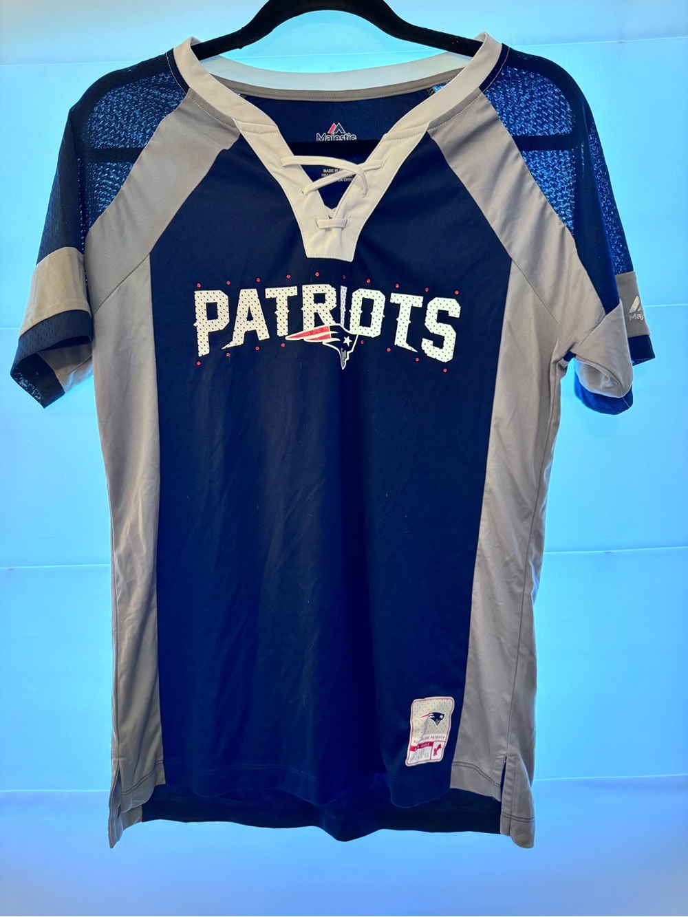 Majestic Navy and Gray Patriots Lace-Up Jersey Tee